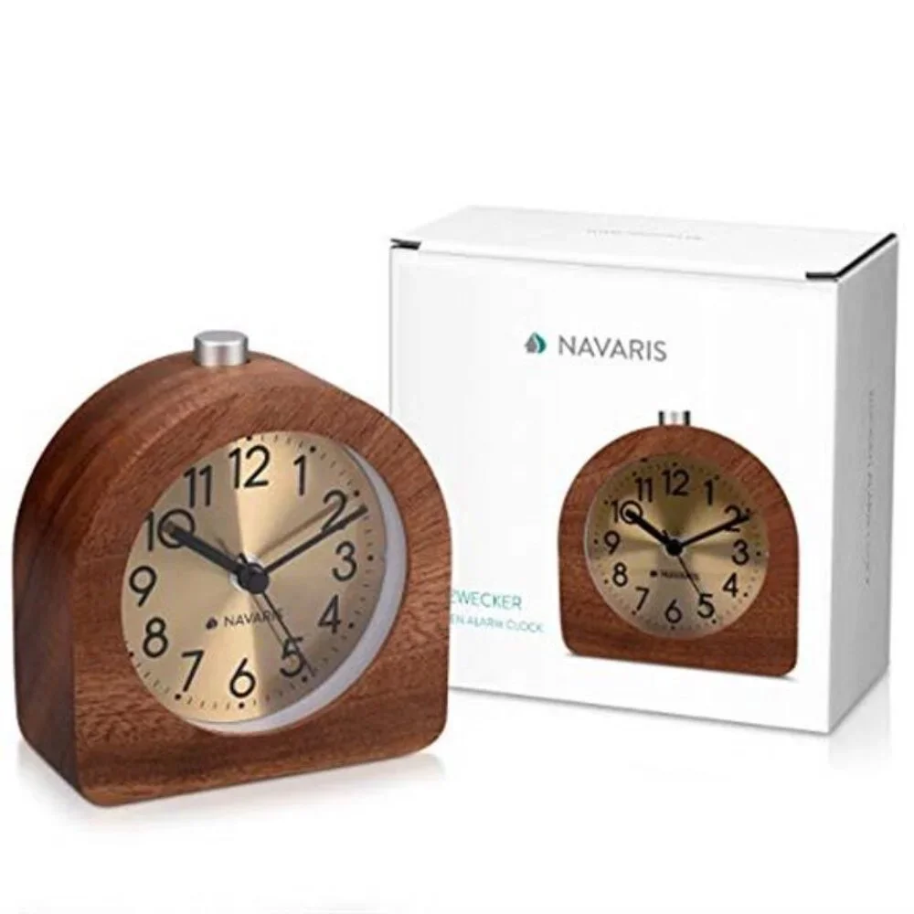 Wood Alarm Clock Non Ticking Analog Bedside Table Clock Battery Operated Snooze